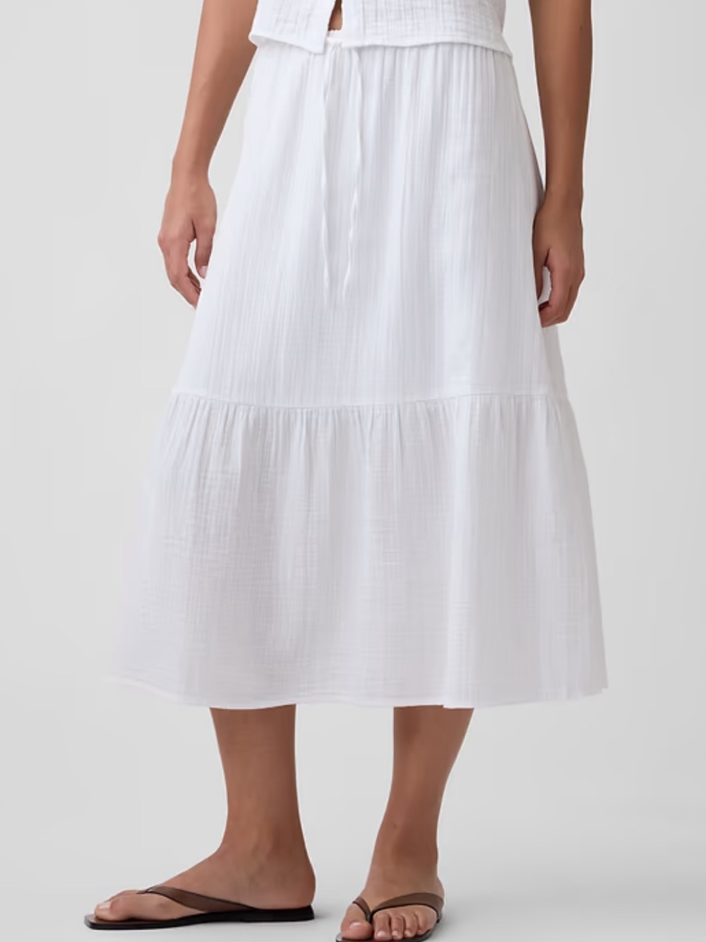 White Tiered Midi Skirt with Drawstring Waist